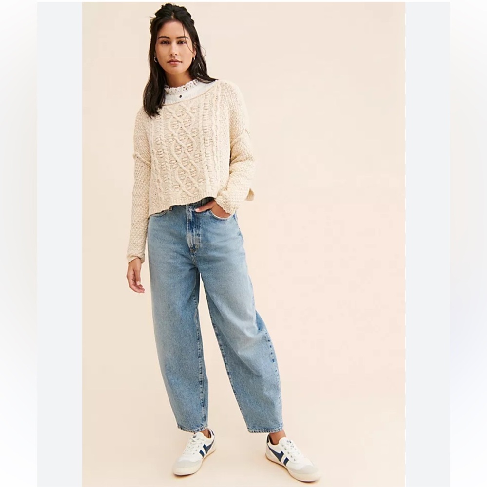 Free People Changing Tides Cream Cable Knit Cropped Slouchy Sweater. Size M